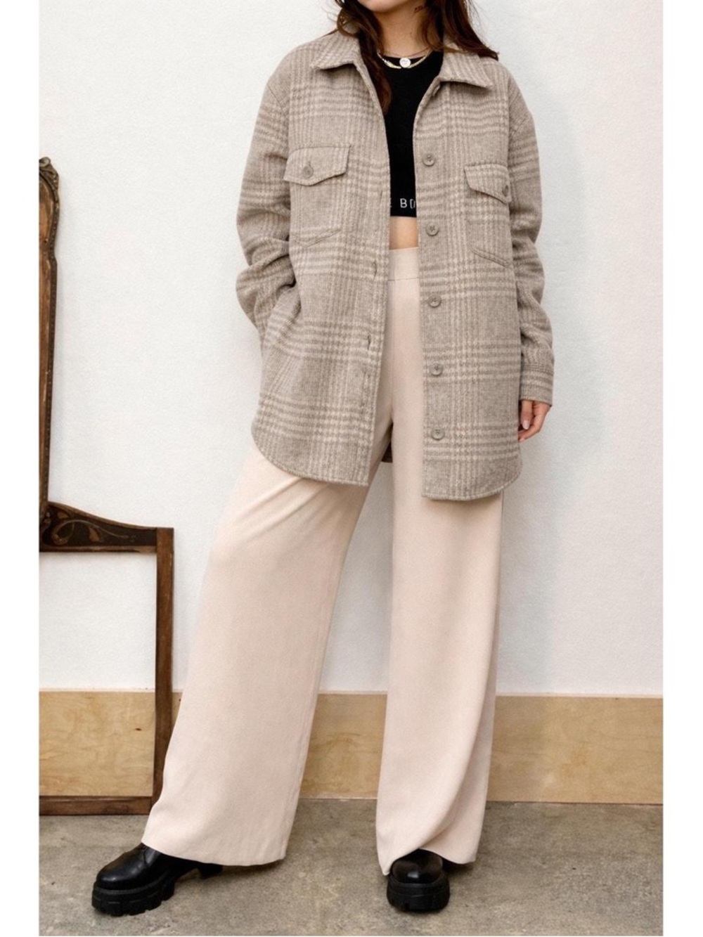 Joie Plaid Button-Front Shacket - Taupe/Beige Medium NWOT